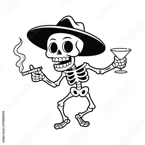 A cool skeleton wearing a hat, smoking a cigarette, and holding a cocktail, a fun and edgy illustration