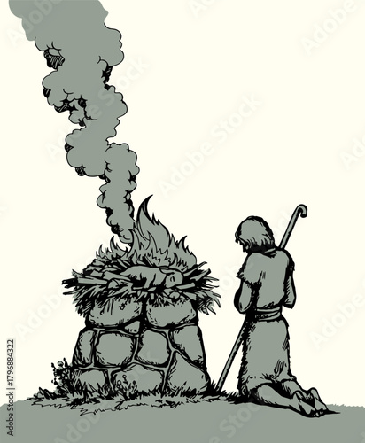 Vector drawing. Man Offers a Sacrifice to God