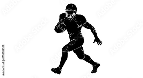 A football player sprints forward clutching the ball fully outfitted in helmet and gear