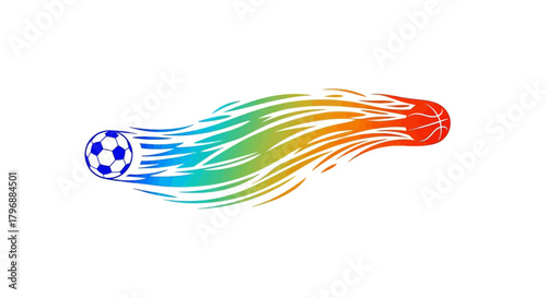 A soccer ball morphs into a basketball with a colorful fiery trail on a white background