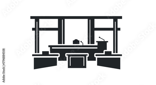 A solid black graphic courtroom scene with judges bench witness stand and a barrier