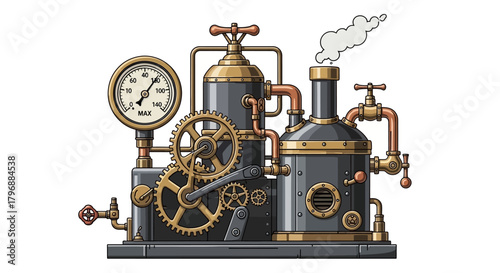 A stylized steam engine with gears pipes valves and a gauge emitting smoke on a white background