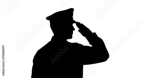 Black silhouette of a person in a hat saluting against a white background