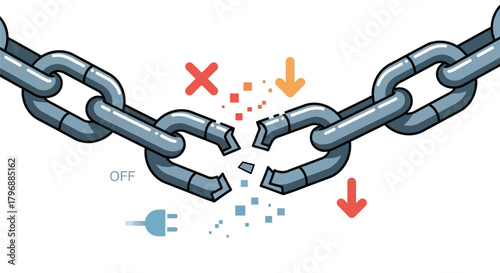 Broken chain with symbols indicating failure disconnect and energy loss