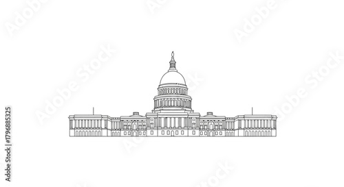 Detailed line drawing of a domed building possibly a government building