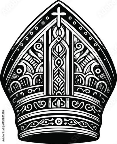 Ornate Black and White Bishop Mitre Hat Vector, Baroque Catholic Clergy Headwear with Cross, Decorative Religious