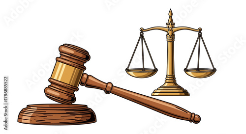 Gavel  scale of justice a gavel with a base  a scale of justice are on display in this image