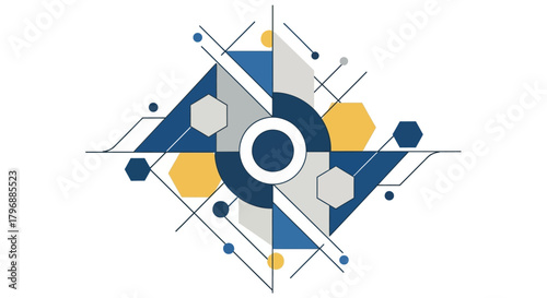 Geometric arrangement Blue gold gray shapes around central circles connected by thin lines and dots