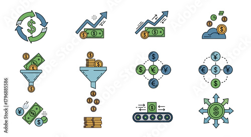 Graphic icons show financial  monetary concepts growth conversion exchange  distribution