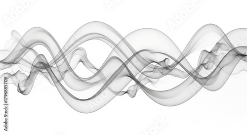 Gray smoke billows curves and overlaps on a white backdrop creating a flowing abstract pattern