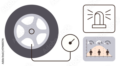 Car tire with pressure gauge connected, warning alert icon, and comparative performance statistics. Ideal for vehicle maintenance, safety check, performance analysis, reliability, data, risk simple