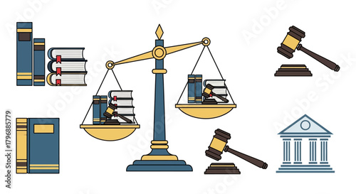 Legal illustration balance scale books gavel courthouse depicting justice and law