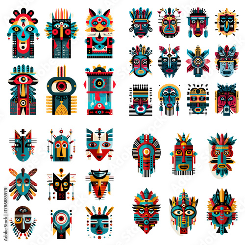 Set of tribal masks with vibrant colors, feathers, geometric patterns, and expressive faces. Perfect for cultural projects, character design, tattoos, and ethnic illustrations.