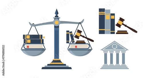 Scales of justice books gavel and courthouse icon on a white background