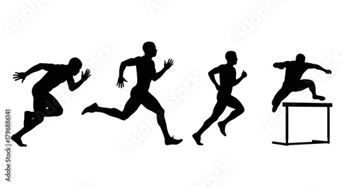 Silhouettes of runners in motion including one hurdling over a barrier
