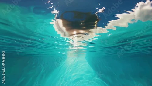 Unique 4K slow motion video showcasing a view of the sky from under the water where the camera is submerged and pointed vertically upward capturing the natural ripples and distortions on the surface