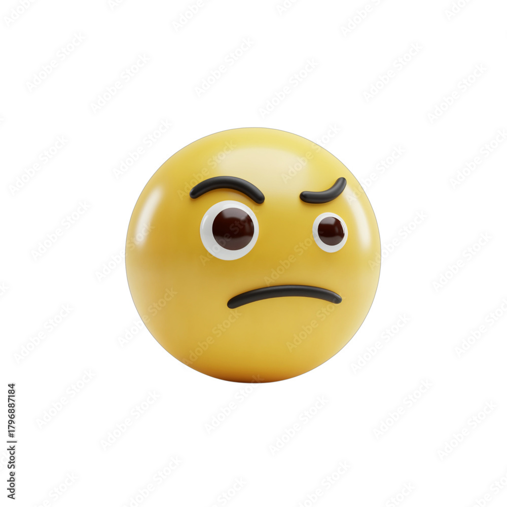 Fototapeta premium A 3d rendered yellow emoji face expressing a grumpy or annoyed emotion with furrowed brows and a downturned mouth isolated on transparent background