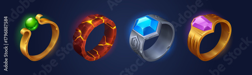 Fantasy magic rings with gems and fire inside