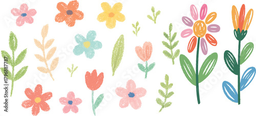 Flower crayon watercolor spring floral set. Hand drawn pastel crayon flower, leaf, plant with chalk texture. Cute nature background for garden doodle element design. Vector illustration 