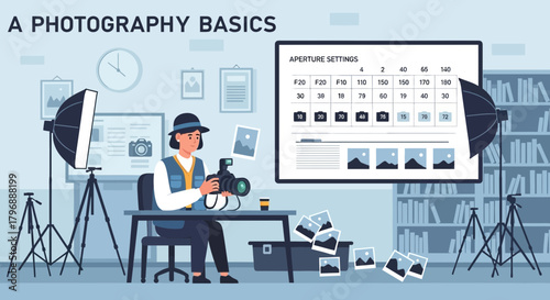 Illustration depicting a photographer at work explaining photography basics settings