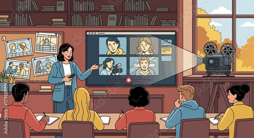 Engaging virtual classroom session with instructor and interactive movie projector setup