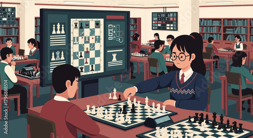 Scholastic chess tournament unfolding within a grand library setting