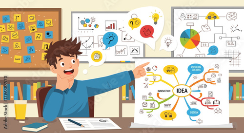 Cartoon illustration showcasing a creative man in a brainstorming session