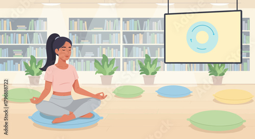Woman practicing meditation in a calming library environment with decorative elements