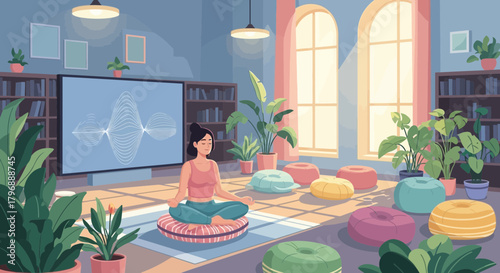 Serene meditation scene with woman practicing mindfulness in tranquil indoor space