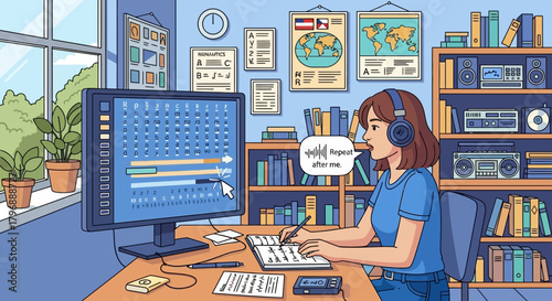 Woman Learning Languages Online with Audio Visuals in Home Study Environment