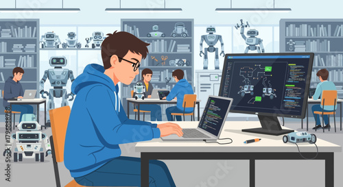 Creative young engineers focused on robotics development in a modern learning space