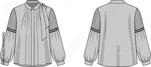Women's blouse fashion sketch, pleated sleeve, bow neckline, decorative band, front and back view, garment design, sewing pattern