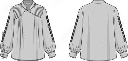 Women's blouse fashion sketch, pleated shoulder, asymmetrical yoke, voluminous sleeves, front and back view, garment design, sewing pattern