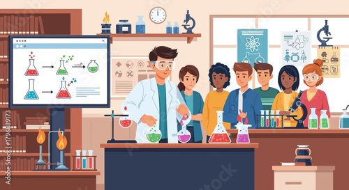 Animated Chemistry Class with Students Learning Science with Experiments