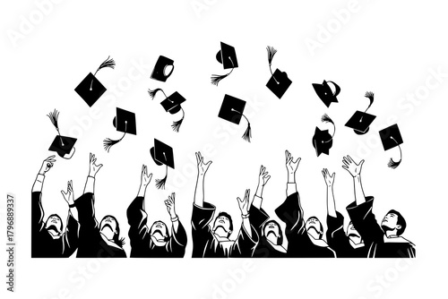 Set of flying graduation caps. Collection of students toss caps. Black white vector illustration.
