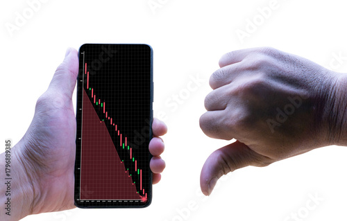 Hand Holding Smartphone with Falling Stock Chart and Thumbs Down Gesture on Black Background