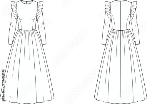 Long-sleeved dress fashion sketch, ruffled shoulder detail, gathered skirt, front and back view, garment design, sewing pattern, apparel illustration