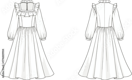Long-sleeved dress fashion sketch, ruffled collar, puffed sleeves, square neckline, front and back view, garment design, sewing pattern, illustration
