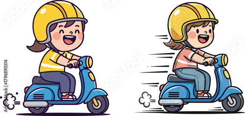 Cute children riding colorful scooters wearing helmets, happy kids speeding joyfully in fun cartoon style, playful transportation illustration for creative projects