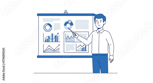 Presenting data insights, business analytics analysis on a whiteboard in modern illustration