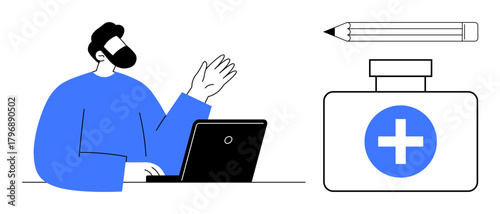 Person at laptop raising hand near medical cross and pencil, representing work, education, creativity, healthcare, communication, writing, remote learning. Ideal for simple flat metaphor