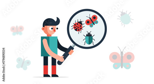 Illustration depicting a boy examining bugs with a magnifying glass amidst butterflies