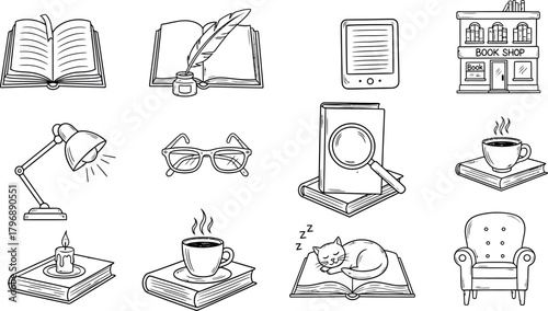 Collection of hand drawn sketches illustrating books reading and a cozy bookstore scene with a lamp and coffee