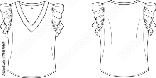 Women's sleeveless top fashion sketch, deep V-neckline, ruffled shoulder detail, front and back view, garment design, apparel template, sewing pattern