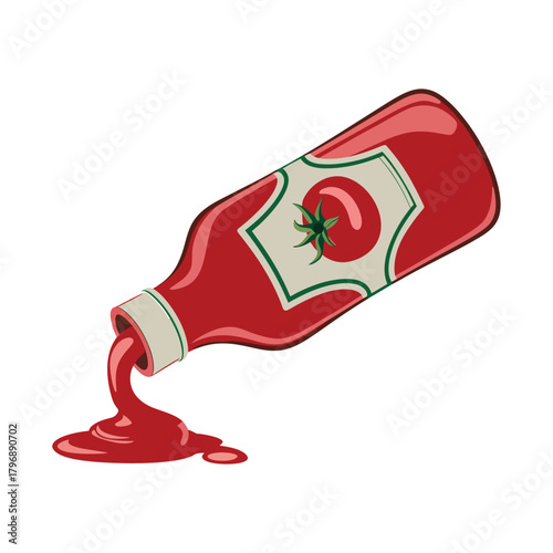 A bottle of ketchup spilling its contents, with a tomato on the label