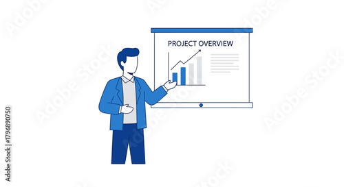 Illustration depicting a professional man presenting a project overview with rising graphs and