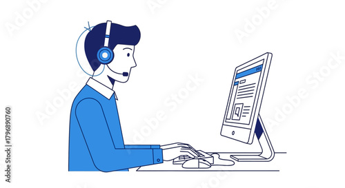 Operator with headset working on computer in call center customer service cartoon drawing