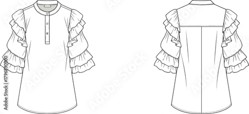 Women's blouse fashion sketch, tiered ruffle sleeves, front and back view, garment design, technical illustration, apparel template, sewing pattern