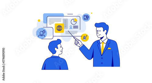 Illustrative business meeting with graph analysis and mentoring session in a minimalist design