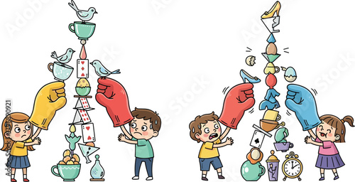 Funny children reacting to unstable stacking towers of objects with giant boxing gloves, balancing items, comedy chaos, risk, challenge, playful cartoon illustration